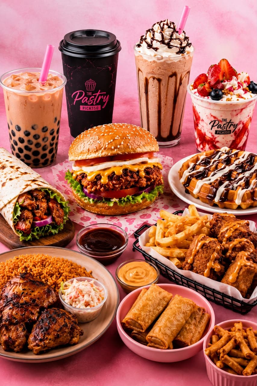 The Pastry Picasso burgers, bubble tea, shawarma, waffles and milkshakes on a pink table
